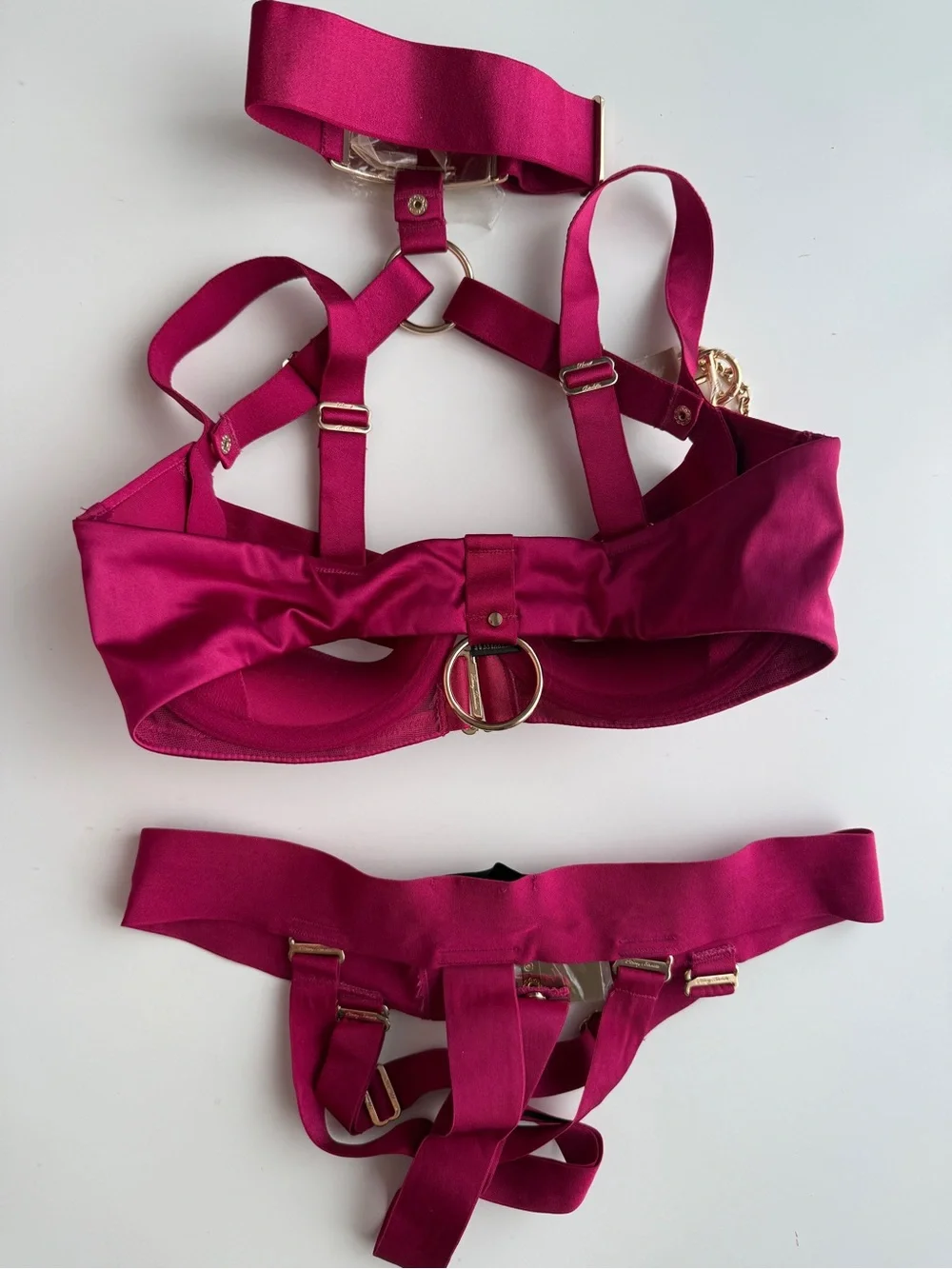 New Honey birdette Set Red Chastity Strap Satin Harness Bra 10dd 32 dd e panty S